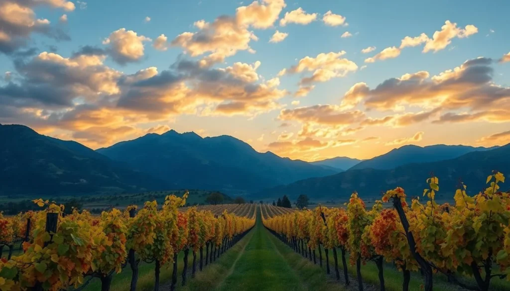 Canungra Valley Vineyard in autumn with colorful foliage and mountains in background Canungra Valley Vineyard in autumn with colorful foliage and mountains in background