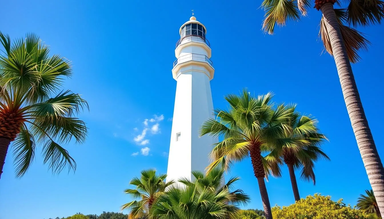 Cape Florida Lighthouse at Bill Baggs Cape Florida State Park with palm trees and blue sky