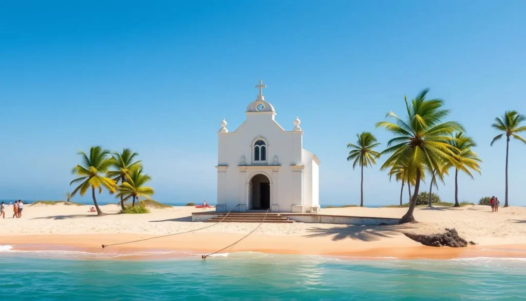 Capela de São Benedito church on Praia dos Carneiros beach with palm trees and turquoise water