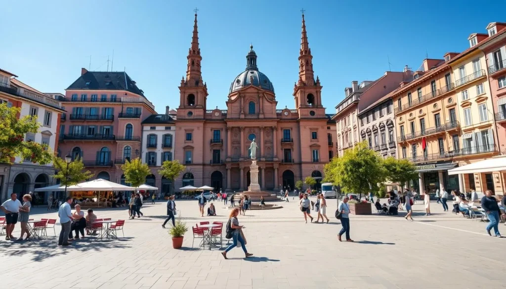 Capitole de Toulouse main square with pink buildings and outdoor cafes in spring sunshine
