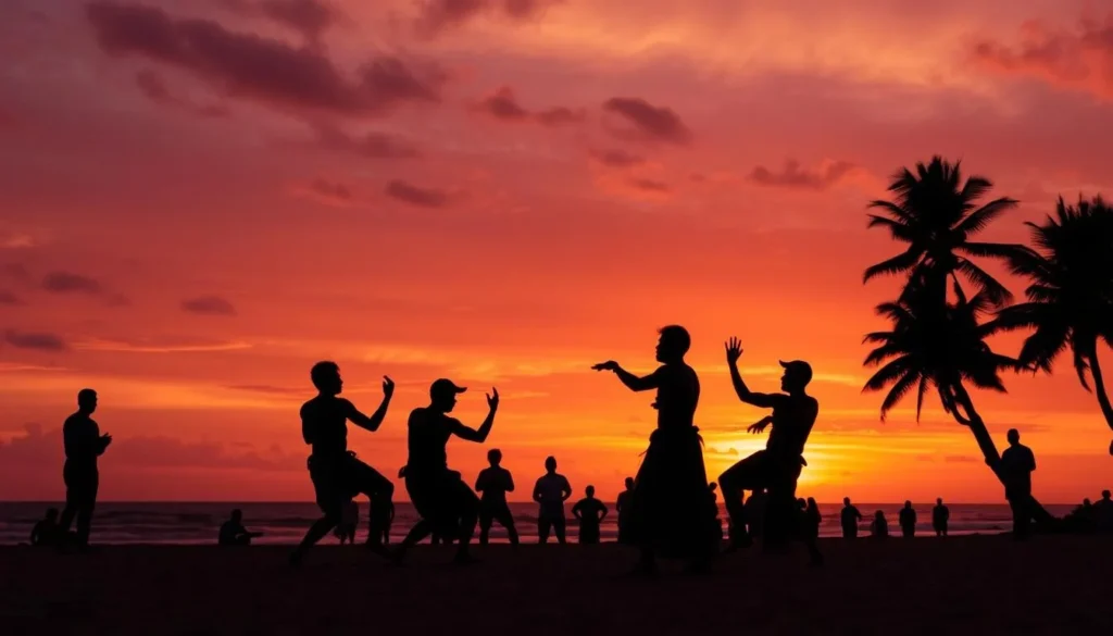 Capoeira performance on Maracaipe Beach at sunset
