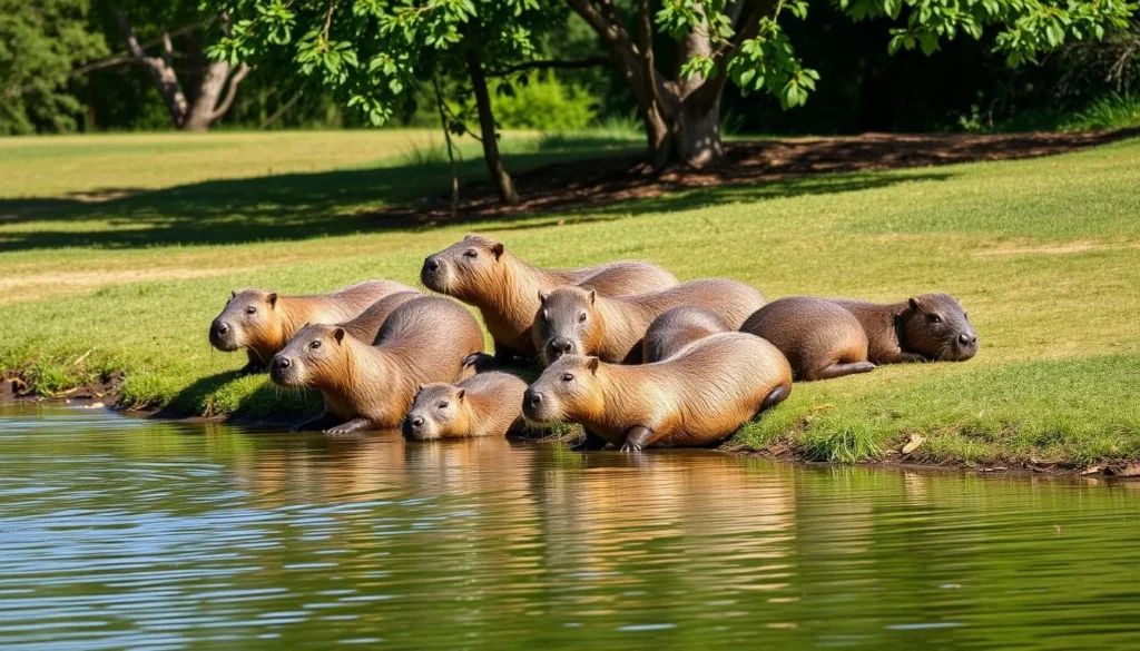 Capybaras relaxing by the lake in Parque das Nações Indígenas in Campo Grande Capybaras relaxing by the lake in Parque das Nações Indígenas in Campo Grande