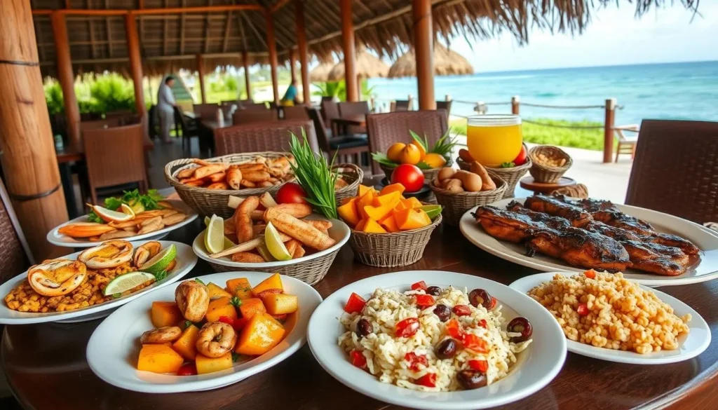Caribbean buffet meal at Blackbird Caye Resort's palapa restaurant Caribbean buffet meal at Blackbird Caye Resort's palapa restaurant