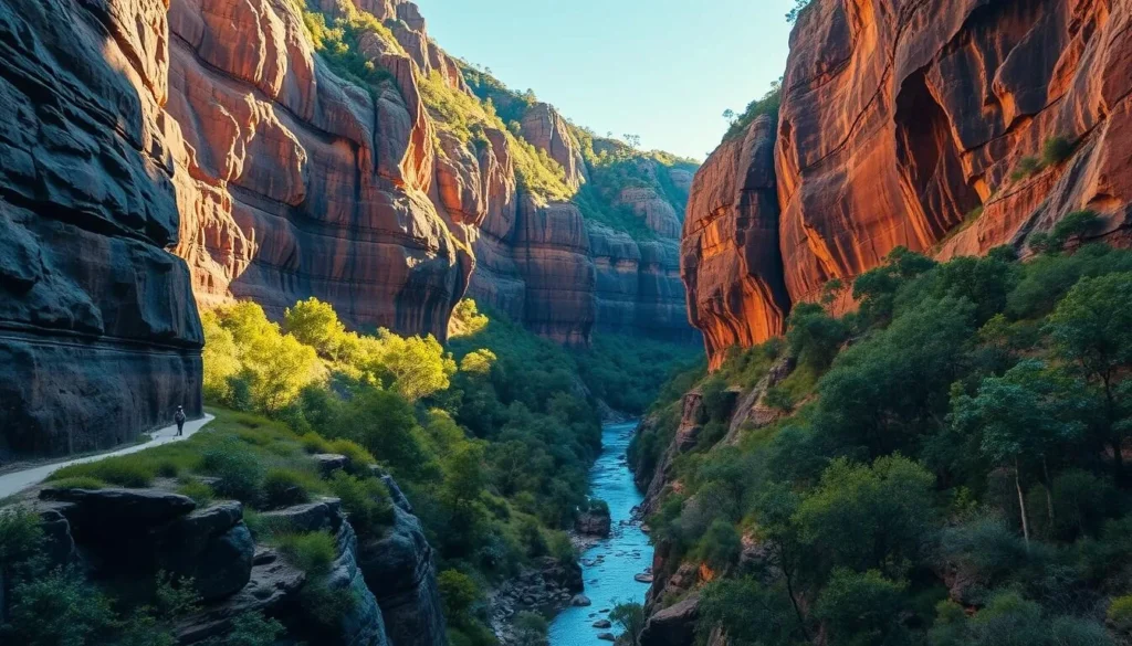 Carnarvon Gorge showing towering sandstone cliffs and lush vegetation Carnarvon Gorge showing towering sandstone cliffs and lush vegetation