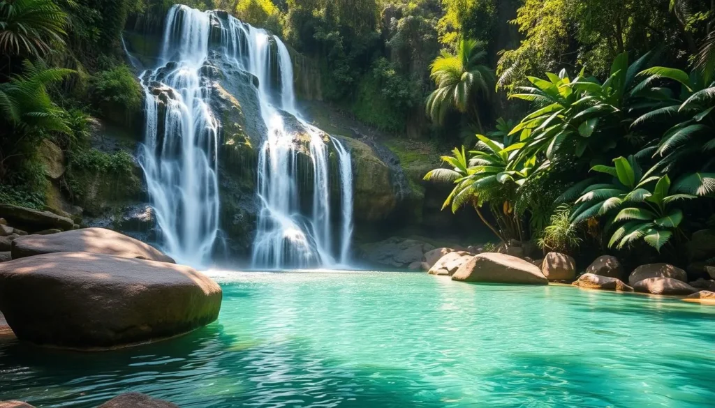 Cascading waterfall in Amboro National Park with crystal clear pool below