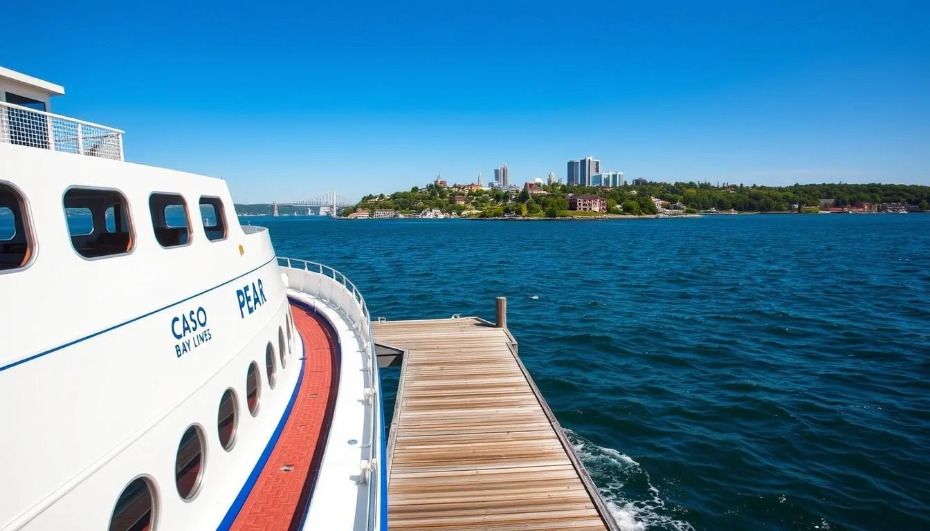 Casco Bay Lines ferry approaching Peaks Island dock with Portland skyline in the background