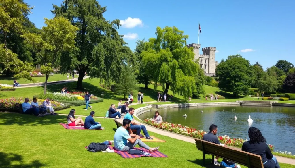 Castle Park gardens in Colchester with visitors relaxing by the river, showcasing the natural beauty among things to do in Colchester