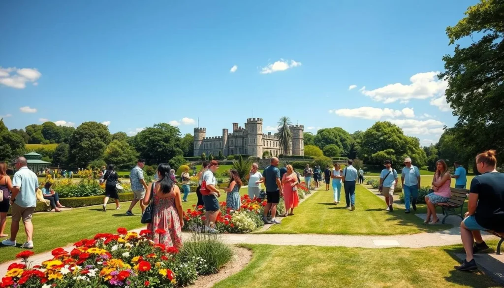 Castle Park in Colchester during summer with visitors enjoying the gardens, one of the best things to do in Colchester England