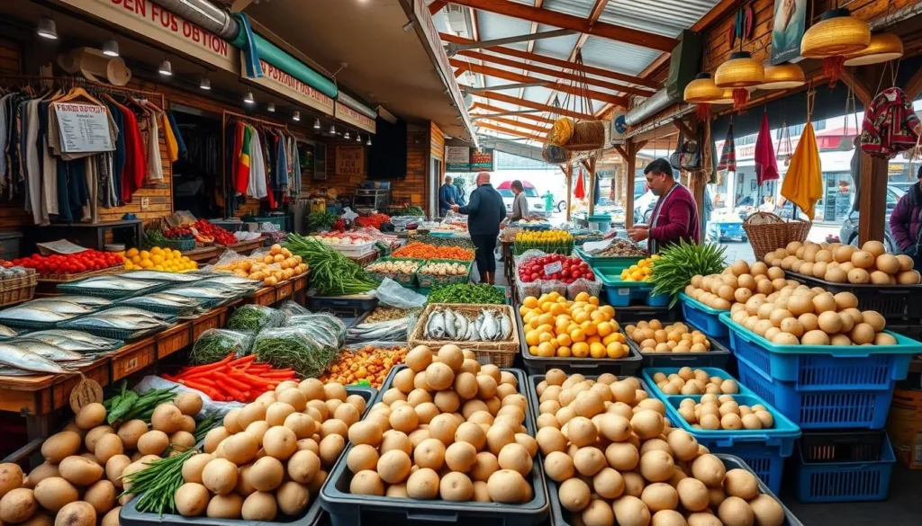Castro's colorful market with fresh seafood and local produce displays