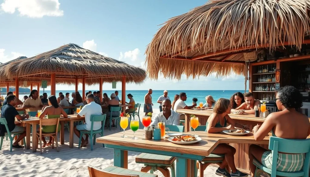 Casual beachfront dining at The Cap Shack with toes-in-the-sand experience and tropical cocktails