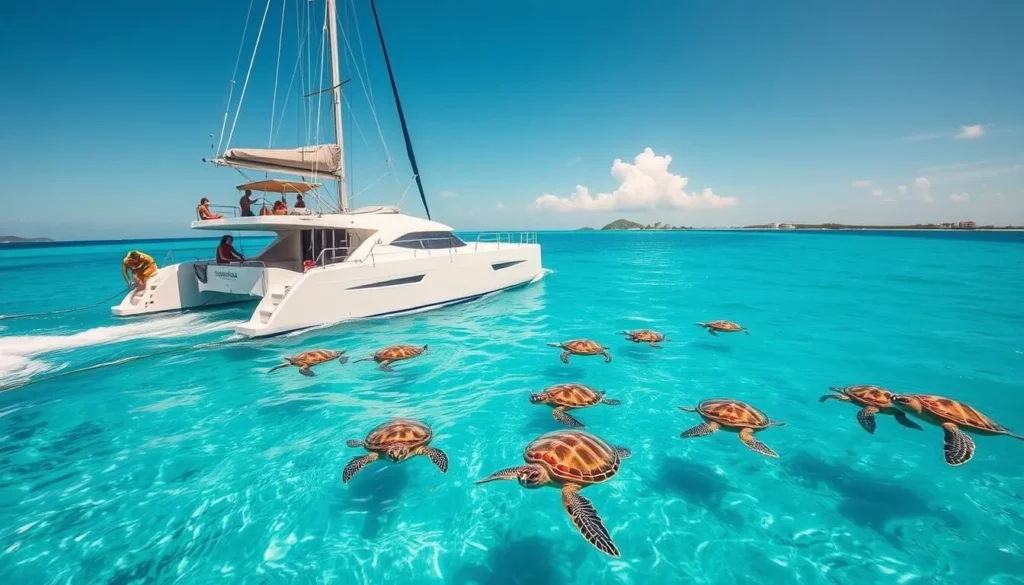 Catamaran cruise off the coast of Barbados with people snorkeling with sea turtles Catamaran cruise off the coast of Barbados with people snorkeling with sea turtles