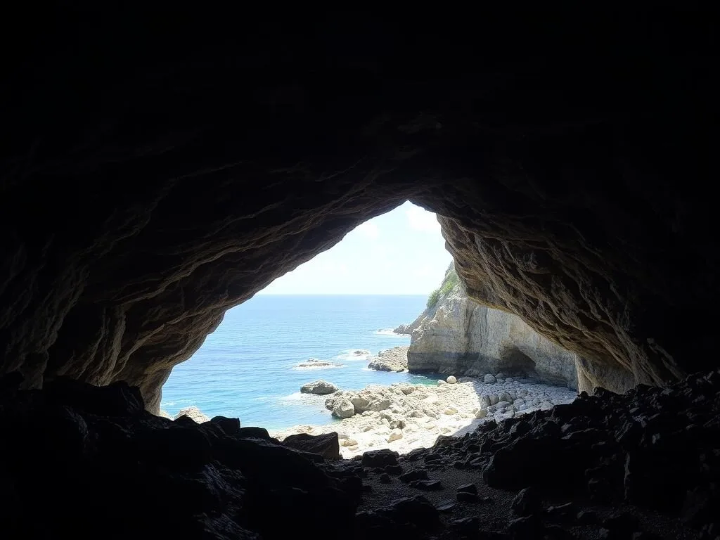 Cave entrance at Two Foot Bay National Park with ocean view near 17 Mile Beach Antigua and Barbuda