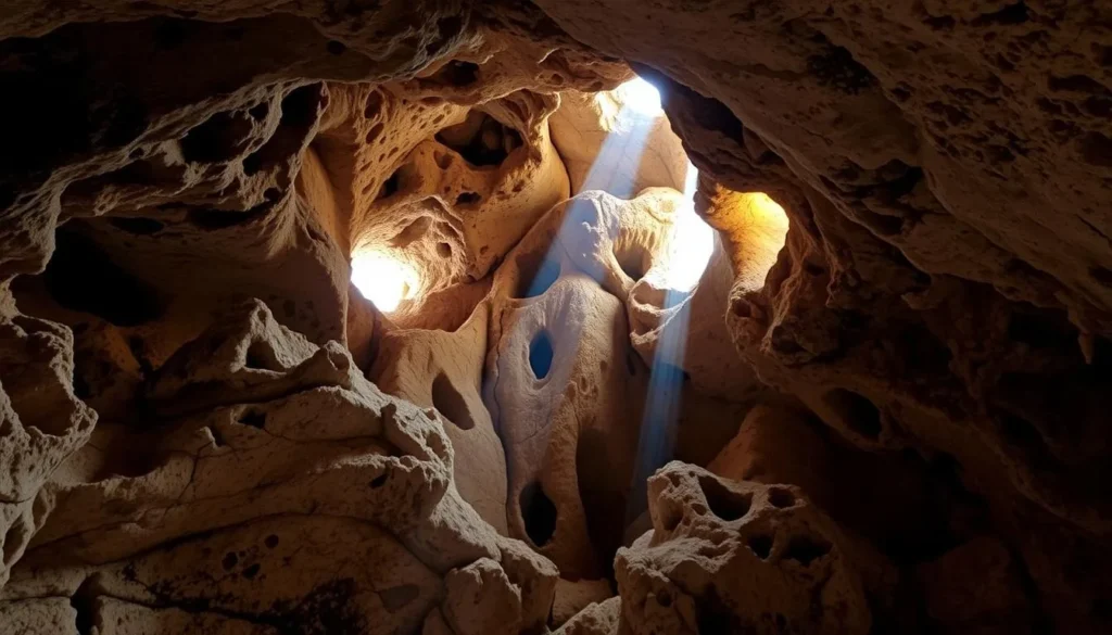 Cave exploration at Hell's Gate Island showing the unique rock formations and natural light Cave exploration at Hell's Gate Island showing the unique rock formations and natural light