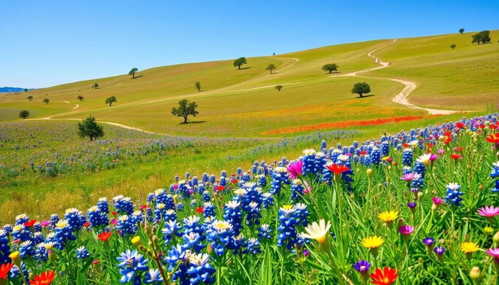 Cedar Hill State Park Texas in spring with wildflowers blooming across the prairie