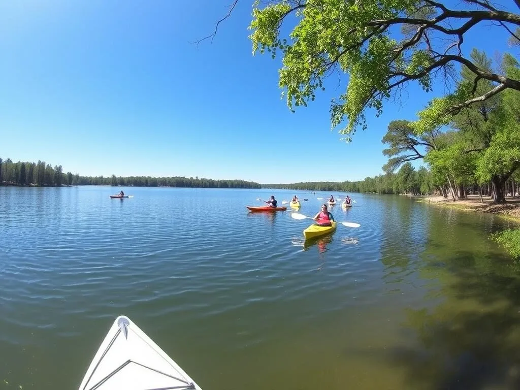 Cedar Lake at Cleburne State Park with kayakers enjoying the water