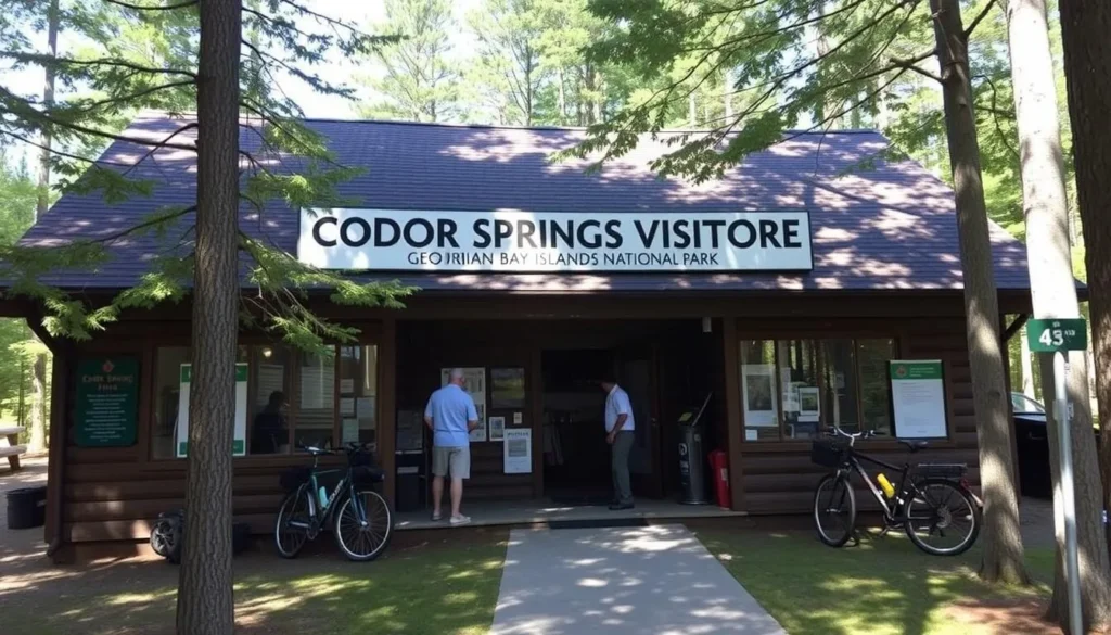 Cedar Spring Visitor Centre at Georgian Bay Islands National Park with information displays