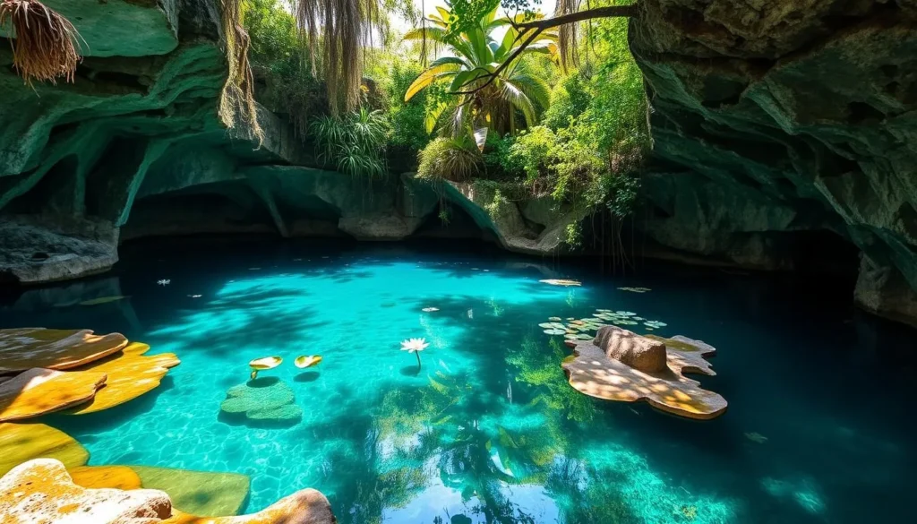 Cenote Xlacah at Dzibilchantun with crystal clear turquoise water and water lilies
