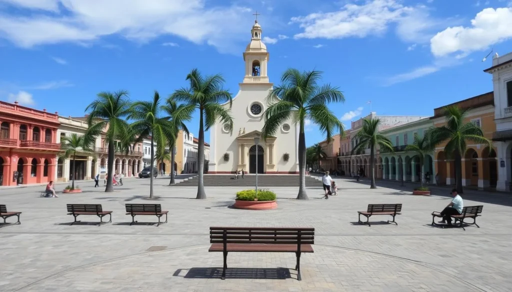 Central plaza in Bauta, Cuba with church and colonial architecture