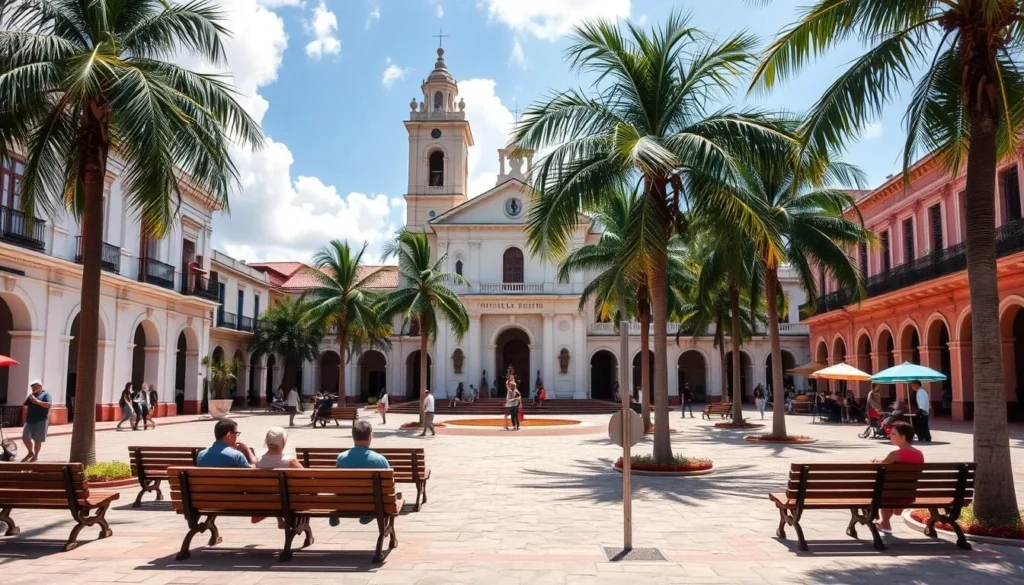 Central plaza in Jovellanos with historic buildings, palm trees, and locals gathering