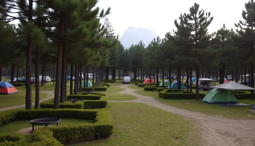 Centro Vacacional IMSS Malintzi campground with tents set up beneath pine trees and La Malinche mountain in background Centro Vacacional IMSS Malintzi campground with tents set up beneath pine trees and La Malinche mountain in background