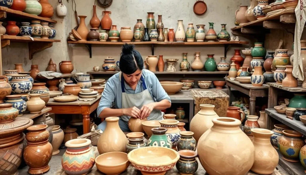 Ceramic artisan workshop in Tlaquepaque Mexico showing traditional pottery making