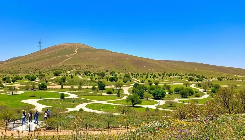 Cerro de Las Campanas National Park during spring with blooming flowers and clear skies Cerro de Las Campanas National Park during spring with blooming flowers and clear skies