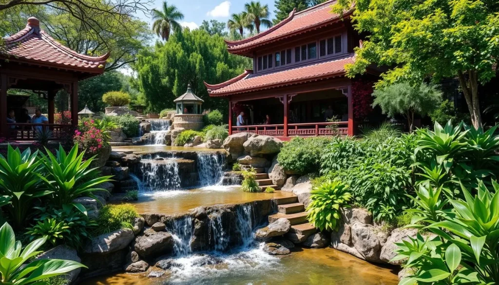 Chandor Gardens waterfall and Chinese-inspired architecture Chandor Gardens waterfall and Chinese-inspired architecture