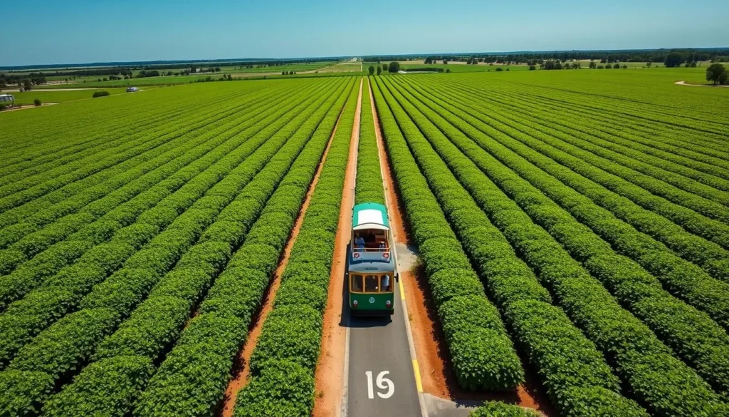 Charleston Tea Garden on Johns Island with rows of tea plants and trolley tour