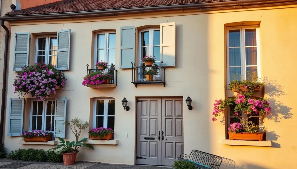 Charming boutique hotel in Arles with traditional Provençal architecture and flowering window boxes Charming boutique hotel in Arles with traditional Provençal architecture and flowering window boxes