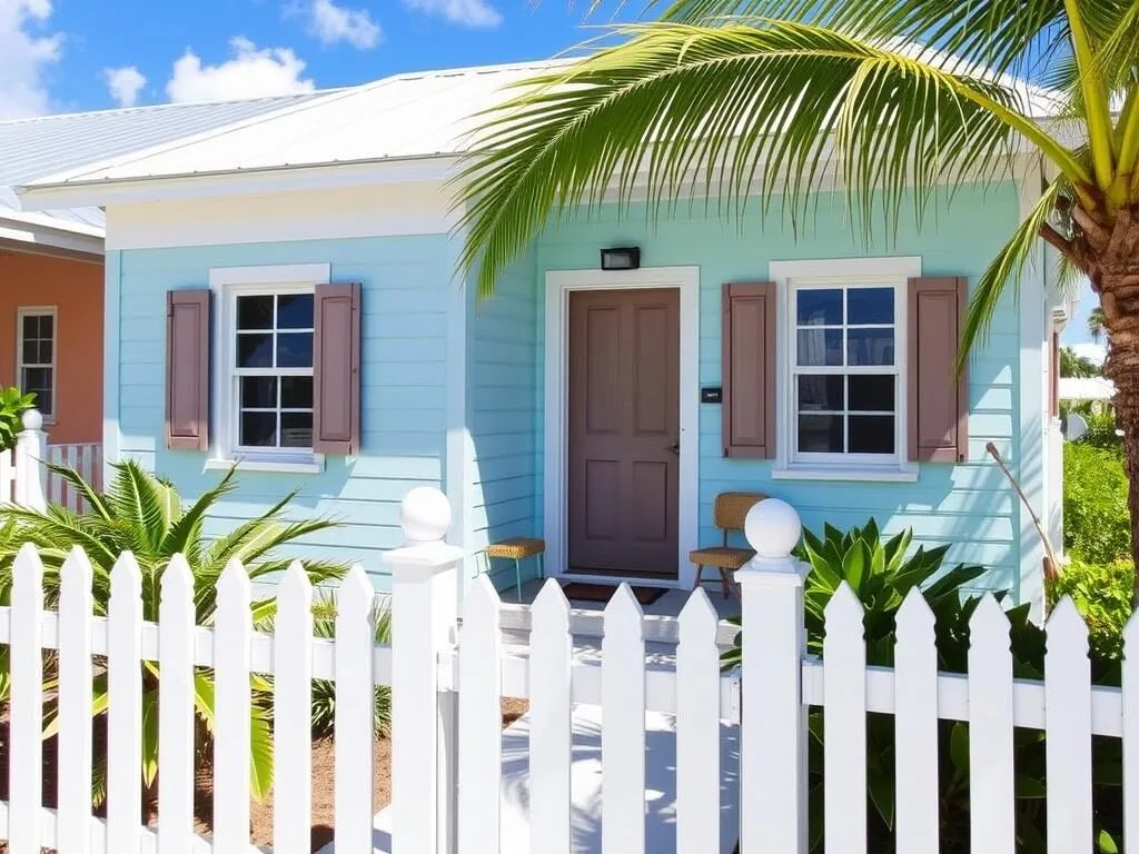 Charming pastel-colored vacation cottage with white picket fence in Hope Town