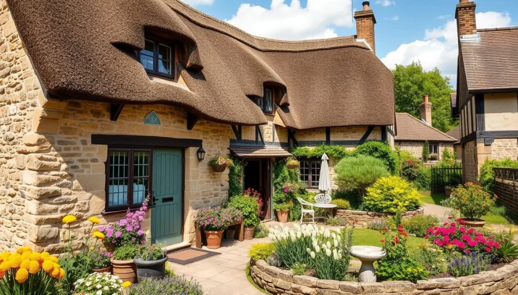 Charming stone cottage with thatched roof in an English countryside village Charming stone cottage with thatched roof in an English countryside village