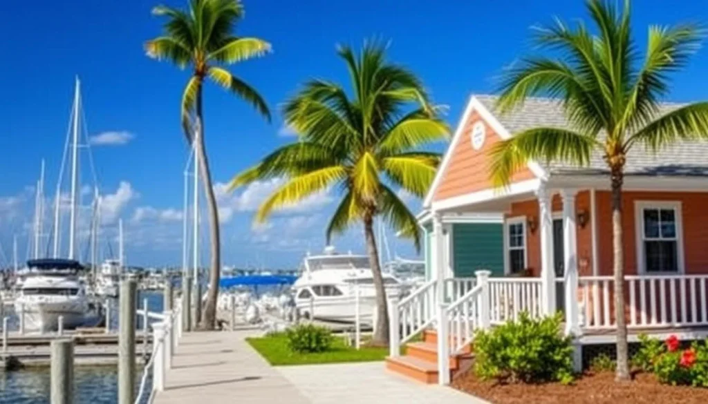 Charming waterfront cottages at a Big Pine Key resort with palm trees and boats in the background
