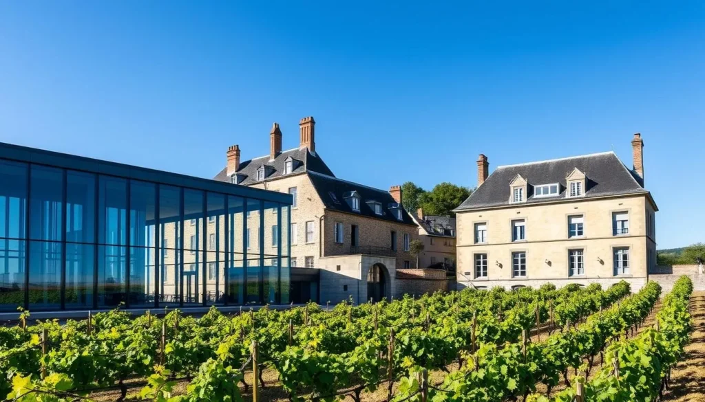 Château La Croizille with its modern architecture contrasting with traditional vineyards Château La Croizille with its modern architecture contrasting with traditional vineyards