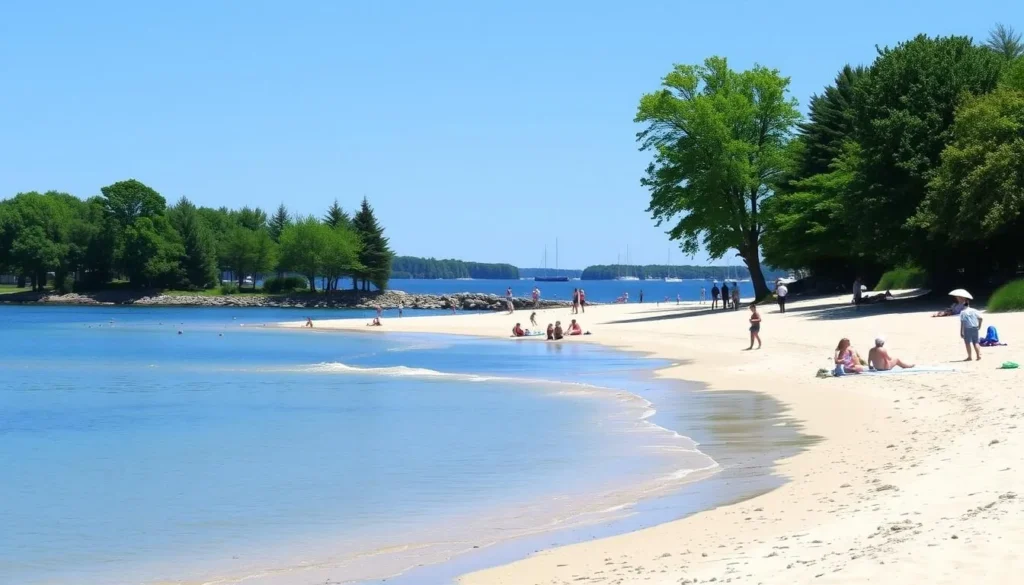 Chebeague Island beach in summer with people enjoying the shoreline and Casco Bay views