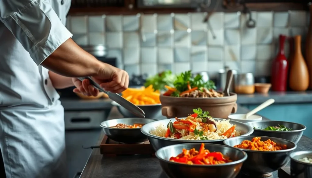 Chef preparing traditional East Javanese cuisine in an open kitchen with fresh ingredients and spices