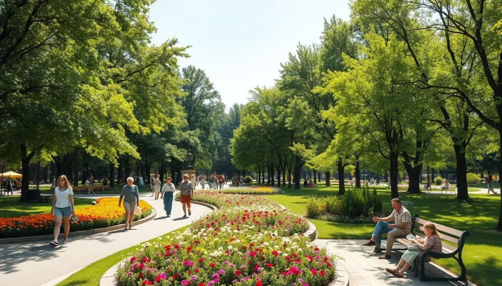 Chelyabinsk city park in summer with blooming flowers and people enjoying outdoor activities
