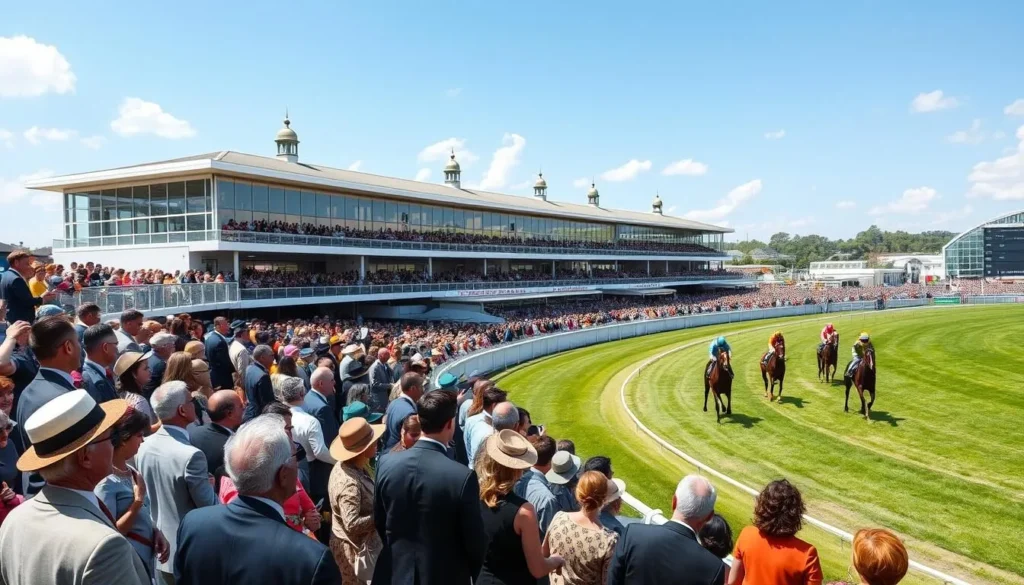 Chester Races with spectators in formal attire watching horse racing at the Roodee racecourse