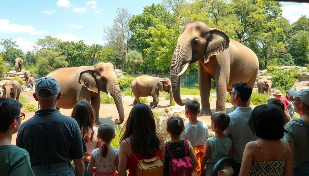 Chester Zoo with families observing elephants in their naturalistic habitat