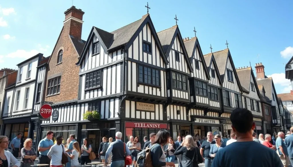 Chester city center during summer with tourists exploring the historic Rows shopping galleries on a sunny day