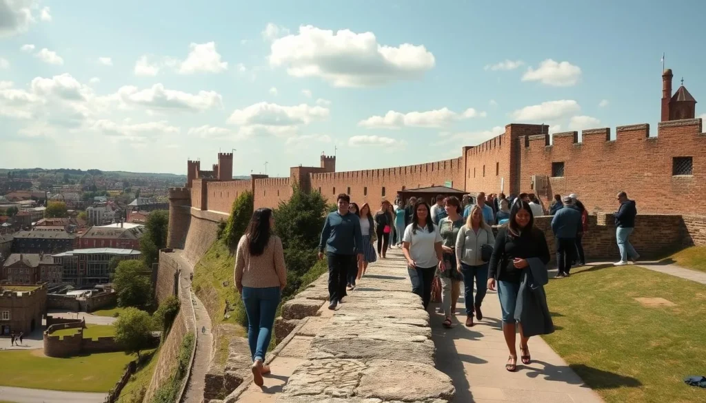 Chester's Roman walls with tourists walking along the elevated pathway overlooking the city