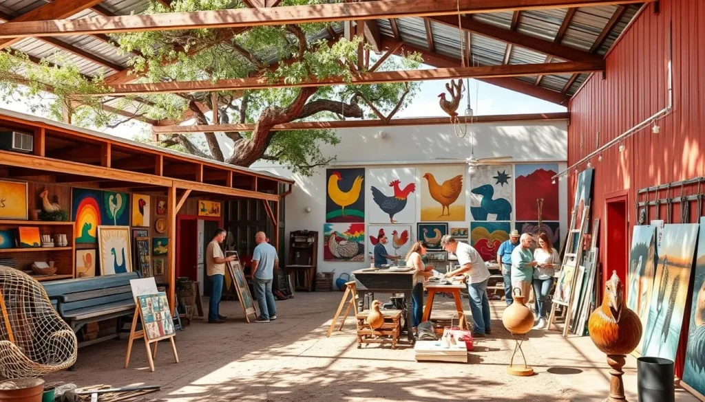 Chicken Farm Art Center in San Angelo Texas showing colorful art studios and outdoor sculpture garden