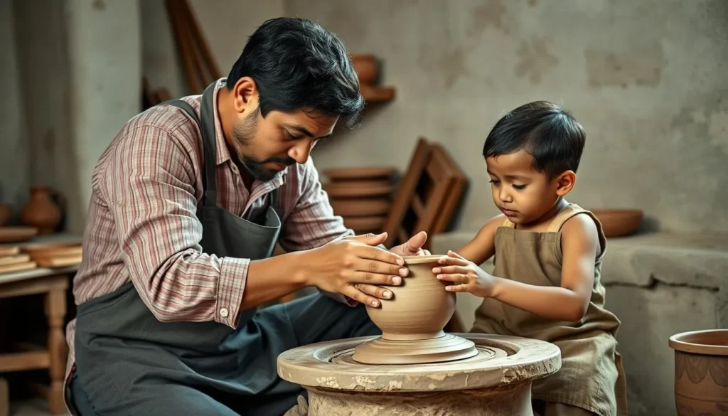 Child learning pottery techniques from a master artisan in Raquira Child learning pottery techniques from a master artisan in Raquira