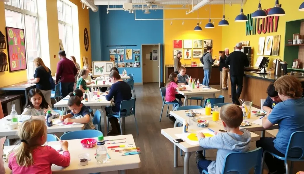 Children painting at The Art Factory in Midlothian while parents enjoy coffee