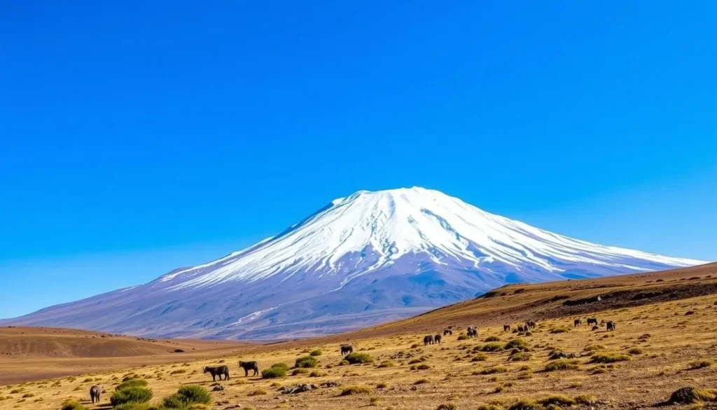 Chimborazo volcano on a clear day with blue skies and perfect visibility of the snow-capped peak Chimborazo volcano on a clear day with blue skies and perfect visibility of the snow-capped peak