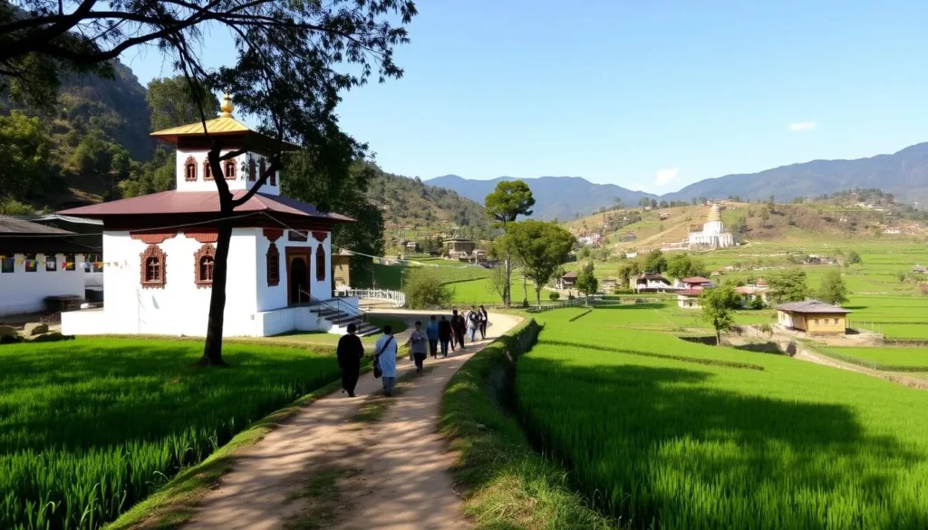 Chimi Lhakhang temple surrounded by rice fields with pilgrims walking along the path