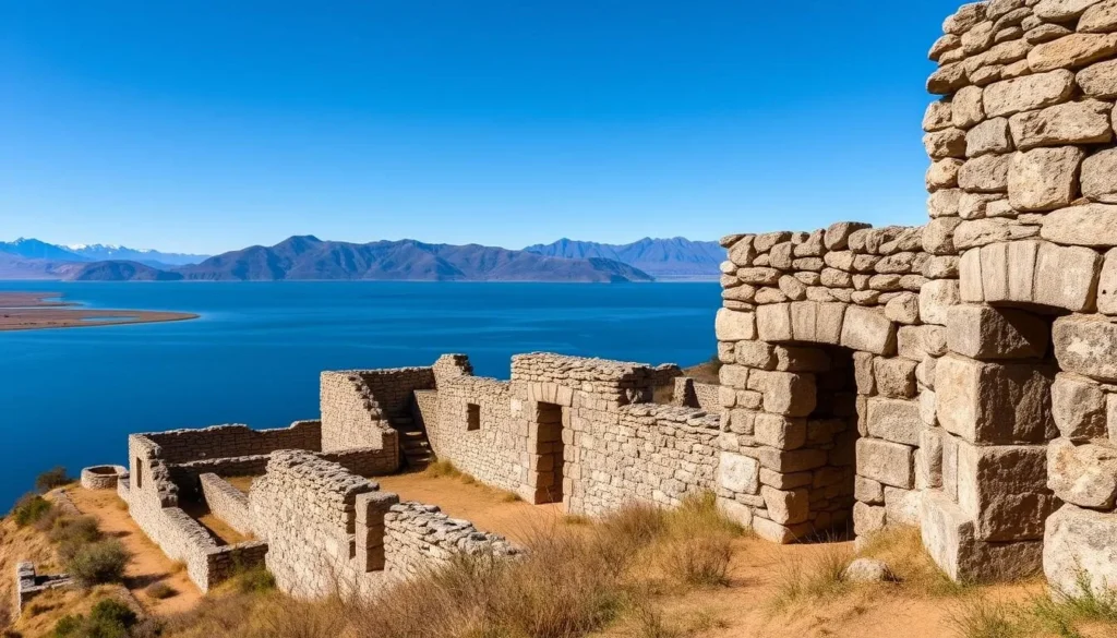 Chincana Inca ruins on Isla del Sol with Lake Titicaca in the background