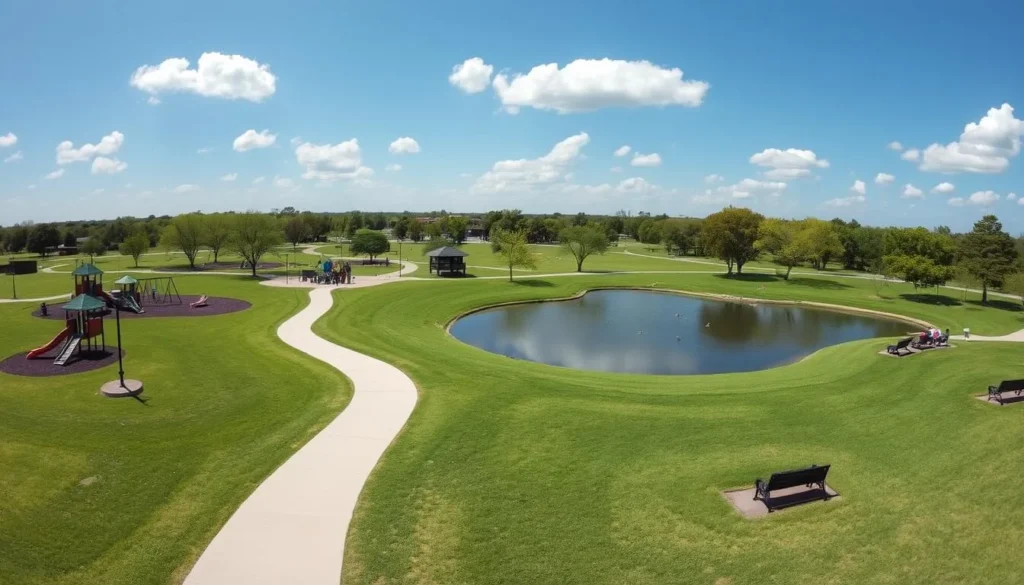 Chisholm Park in Hurst Texas showing playground, walking trails and pond Chisholm Park in Hurst Texas showing playground, walking trails and pond