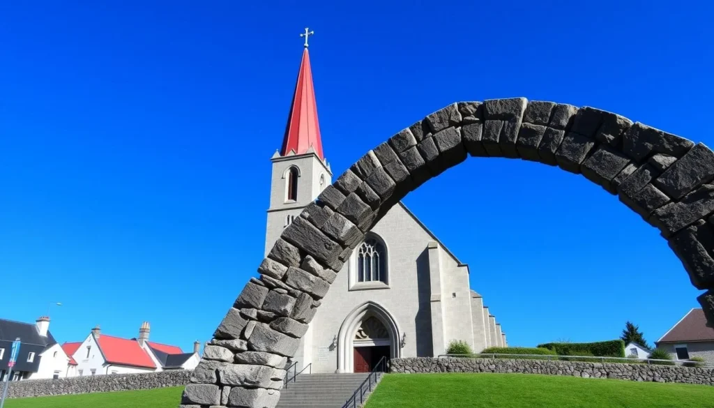 Christ Church Cathedral with Whalebone Arch in Stanley, Falkland Islands