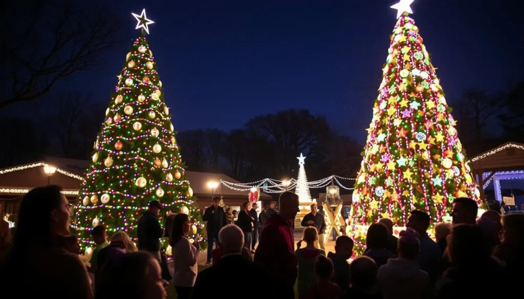 Christmas tree lighting ceremony in Hurst Texas with families gathered around Christmas tree lighting ceremony in Hurst Texas with families gathered around