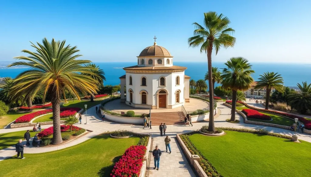 Church of the Beatitudes on the Mount of Beatitudes near Tiberias with gardens and the Sea of Galilee in view Church of the Beatitudes on the Mount of Beatitudes near Tiberias with gardens and the Sea of Galilee in view